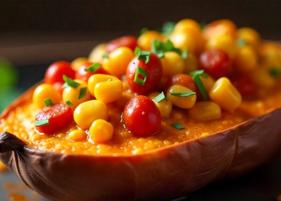 Pečené batáty plněné fazolemi a kukuřicí