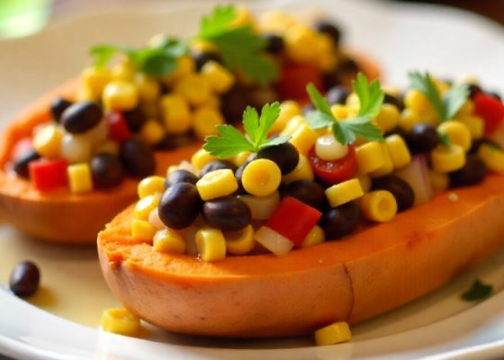 Plněné batáty s fazolemi a kukuřicí